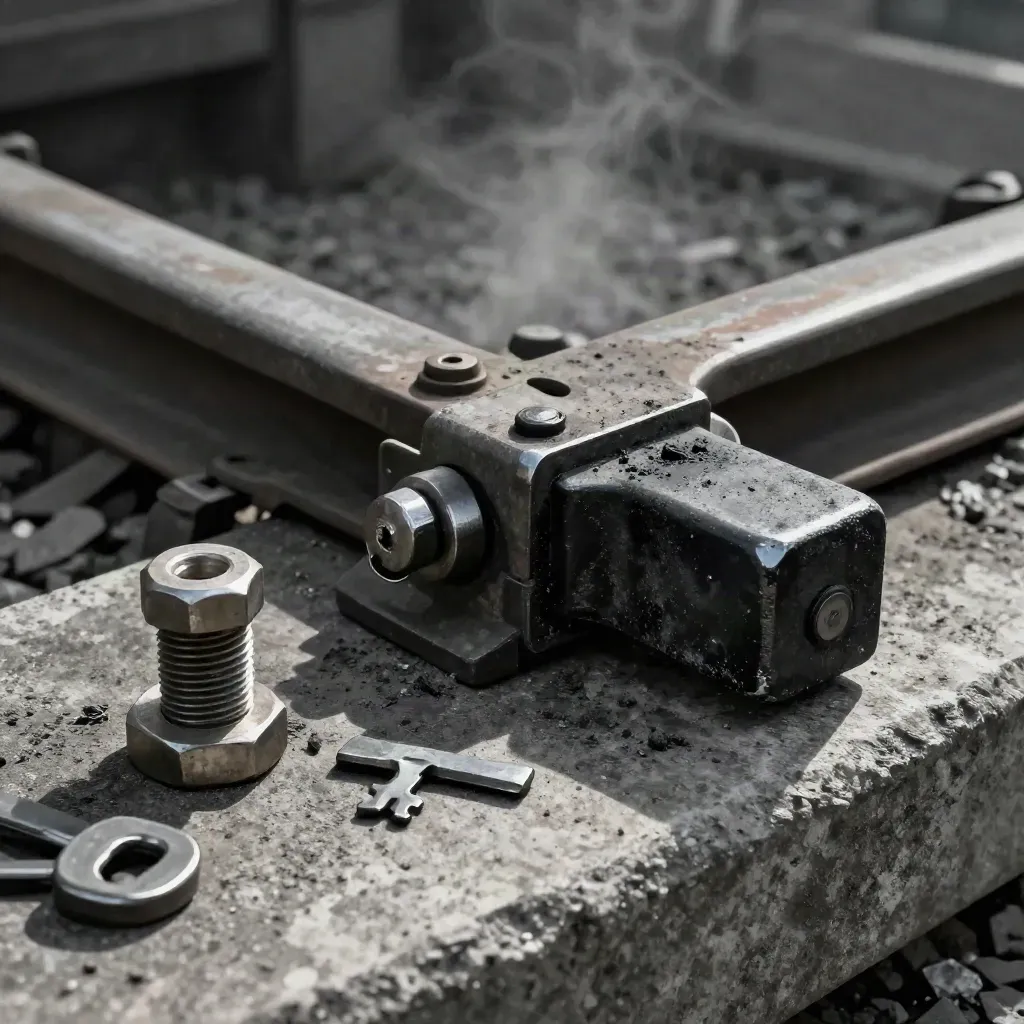 Rail coupler and inspection hardware on concrete ledge in dramatic workshop light.