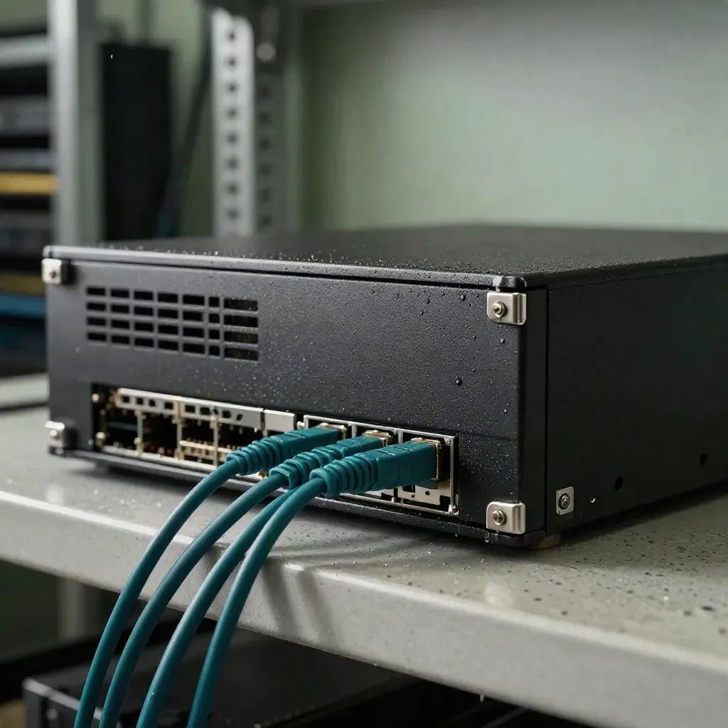 Matte-black firewall hardware cluster with fiber leads on a concrete shelf in rain-damp dusk.