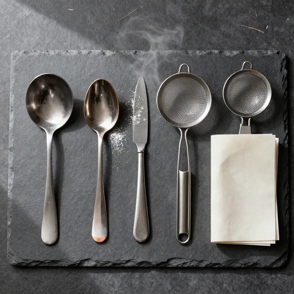 Top-down food editorial still life of prep spoons, scale, sieve and butcher paper on stone