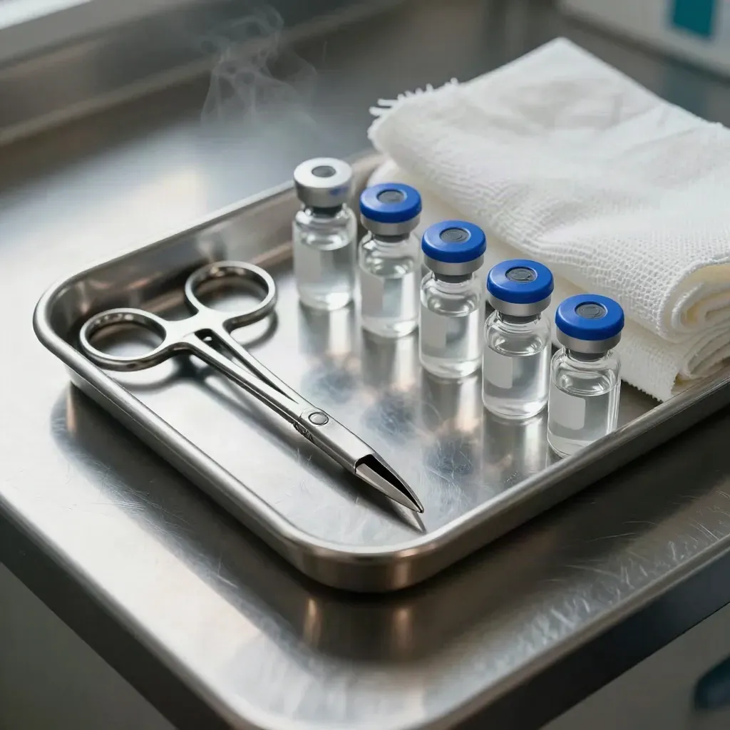 Clinical clamp, ampoule tray, vial caps, and gauze on brushed metal with cobalt accents.