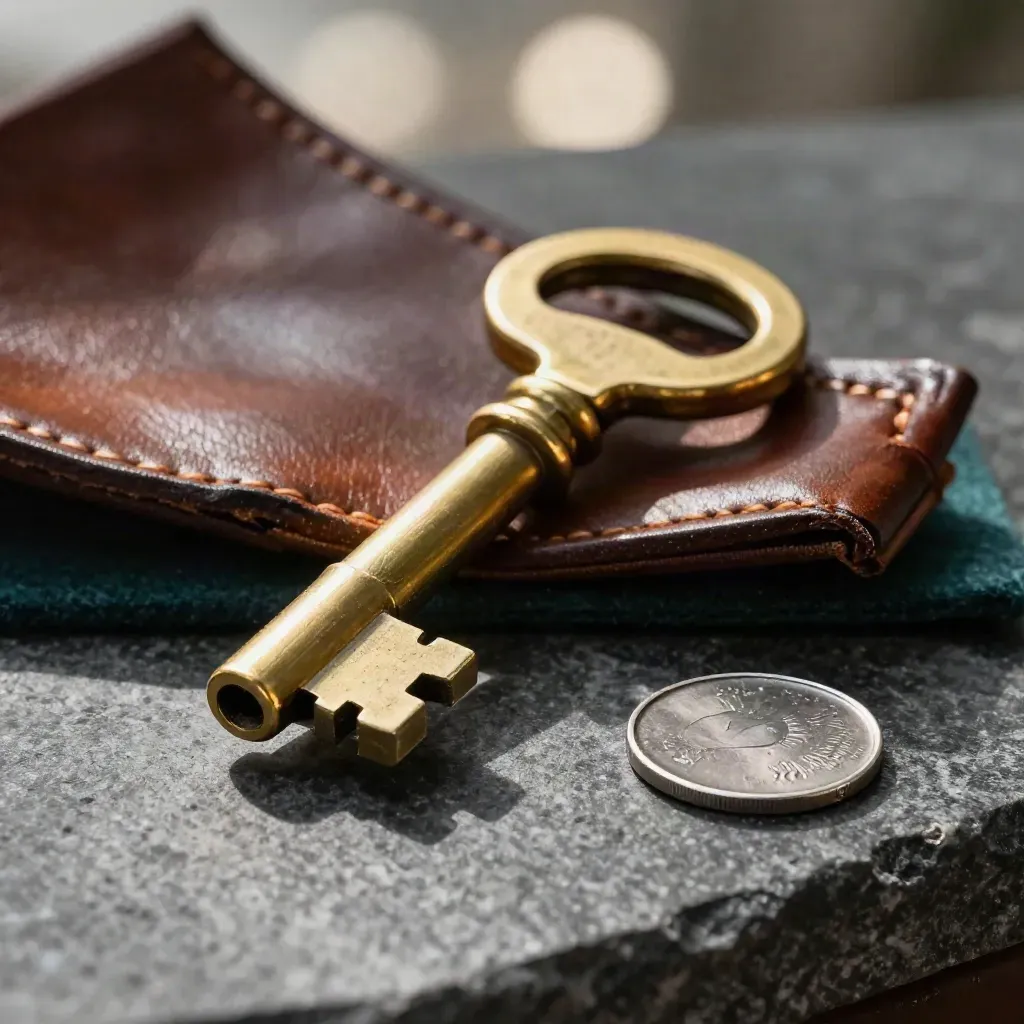 Brass vault key and lock parts on stone with teal felt under soft light.