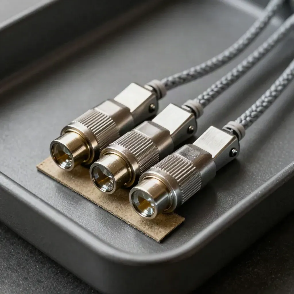 Fiber transceivers, rail clips, and a coiled patch lead staged on a graphite service tray.