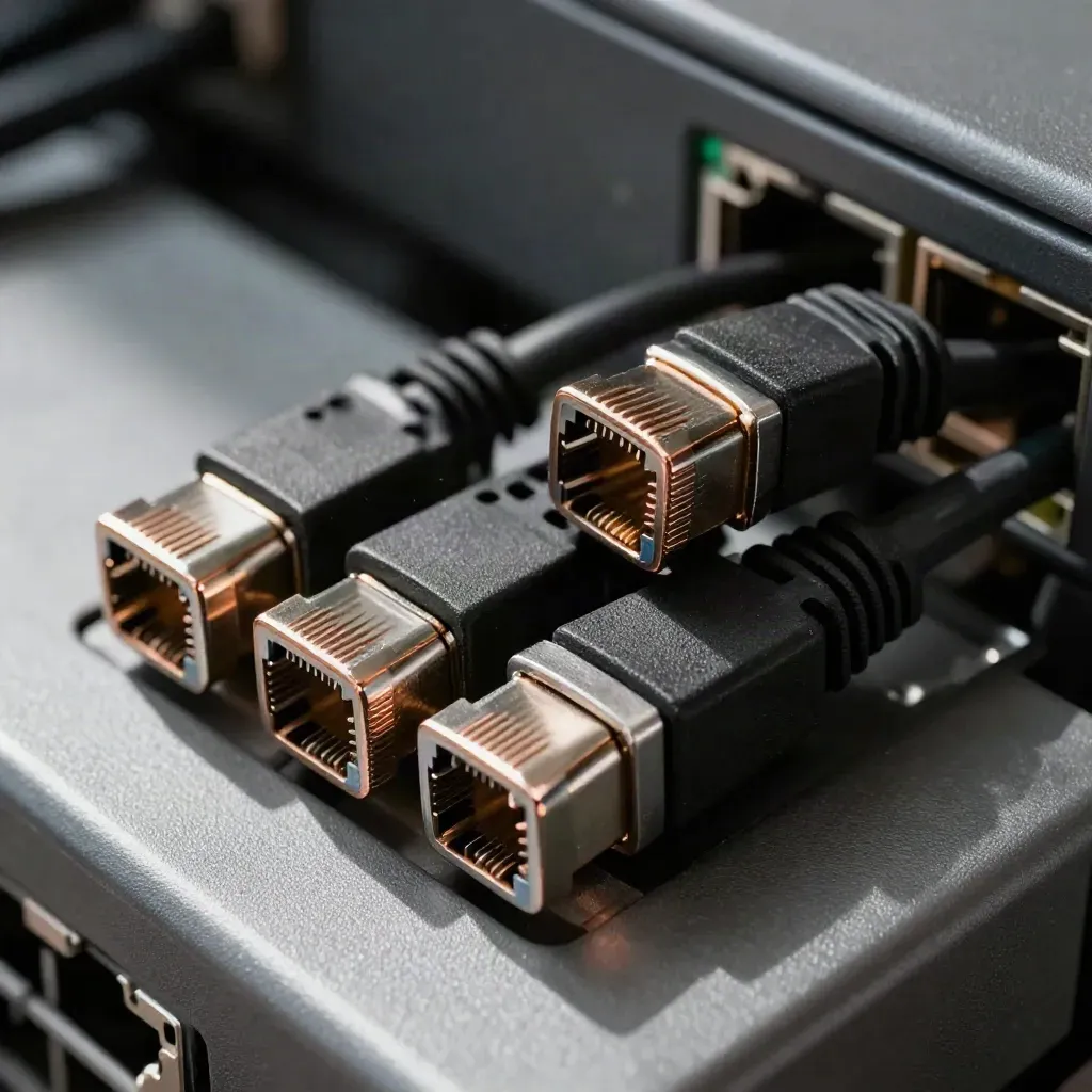 Macro of RJ45 couplers, braided cable sheath, and a metal comb under side light.