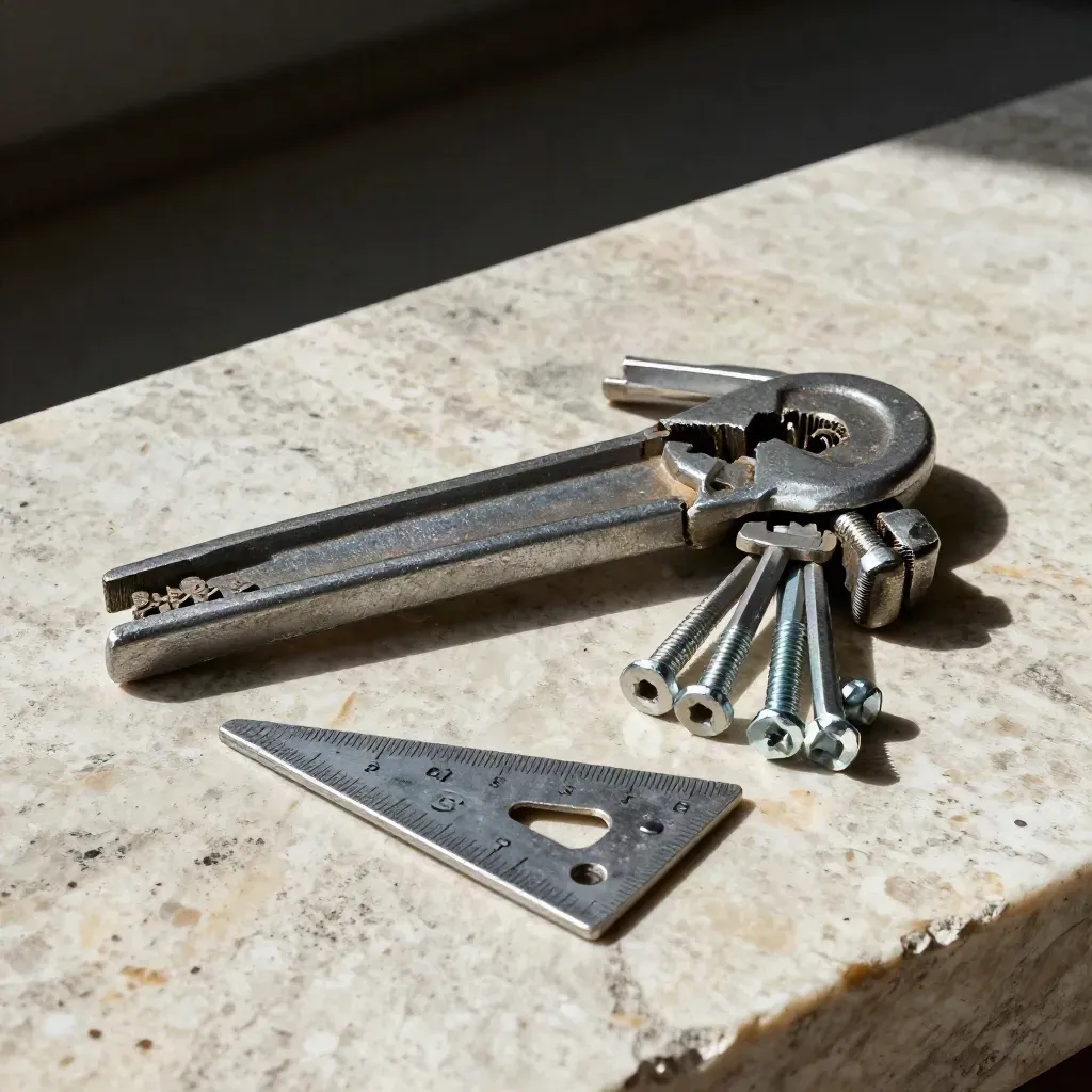 Workshop tools clustered on pale stone: clamp, hex keys, bolts, and a jobsite square.