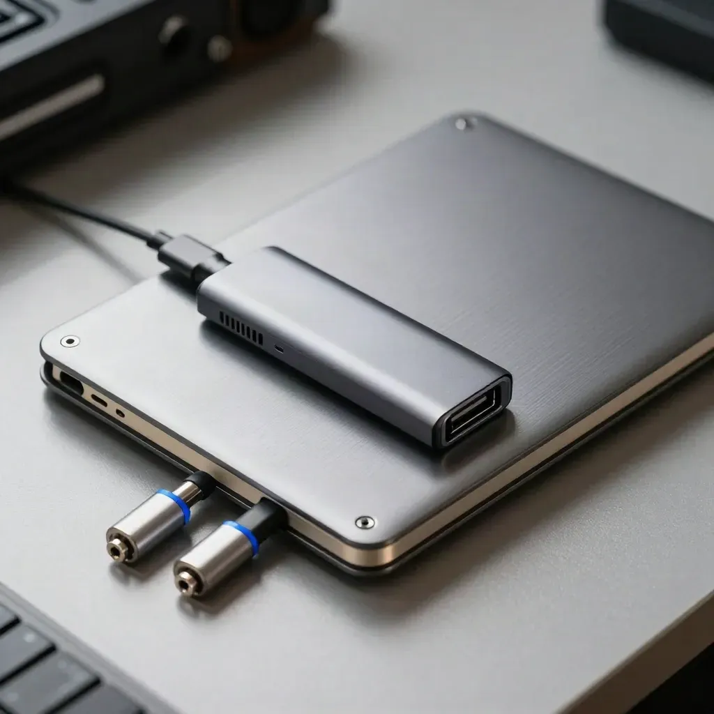 Top-down macro of a dev notebook shell, USB-C hub, and two adapters on a graphite surface.