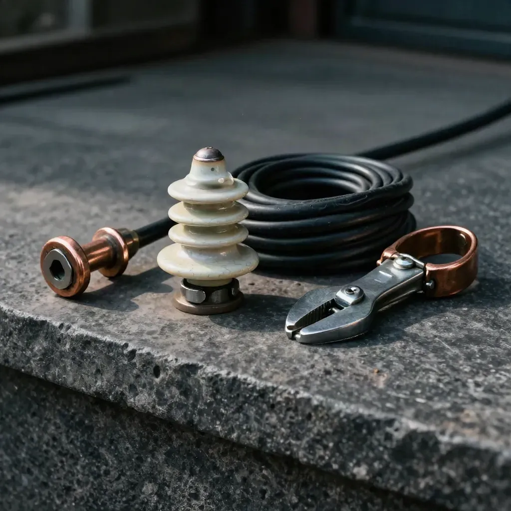 Copper lug, ceramic insulator, cable coil and grounding clamp on stone.