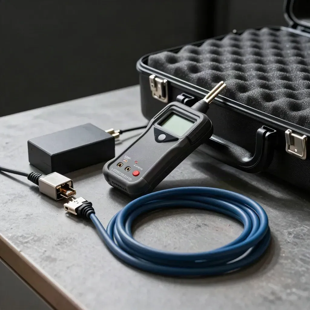 Network tester, charger brick, spare head and patch cord on a graphite workbench.