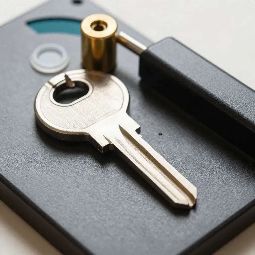 Straight-down macro of a hardware security key, lock cylinder, tamper seal, and encrypted drive case.