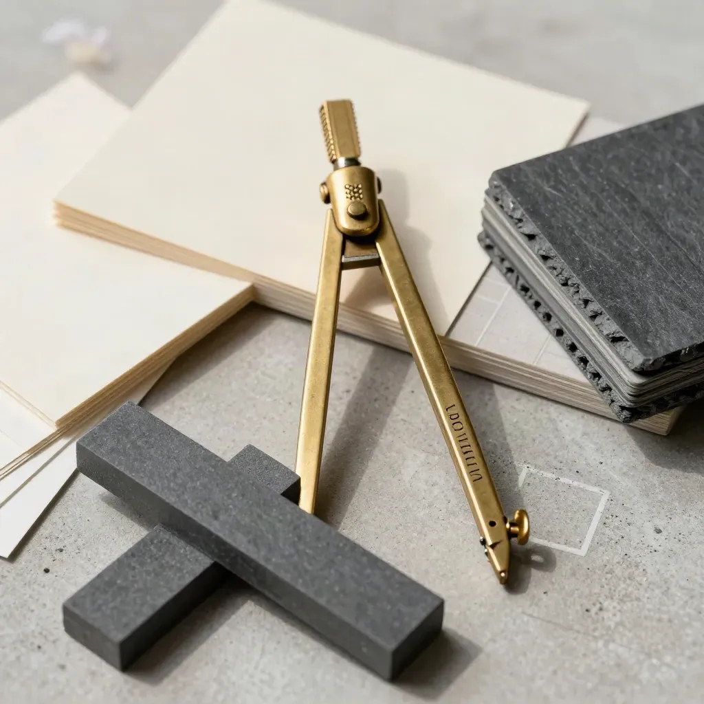Brass compass with slate planning blocks and cream cards on concrete