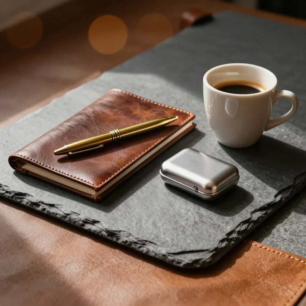 Leather folio, brass pen, prototype case and espresso cup on slate stone.