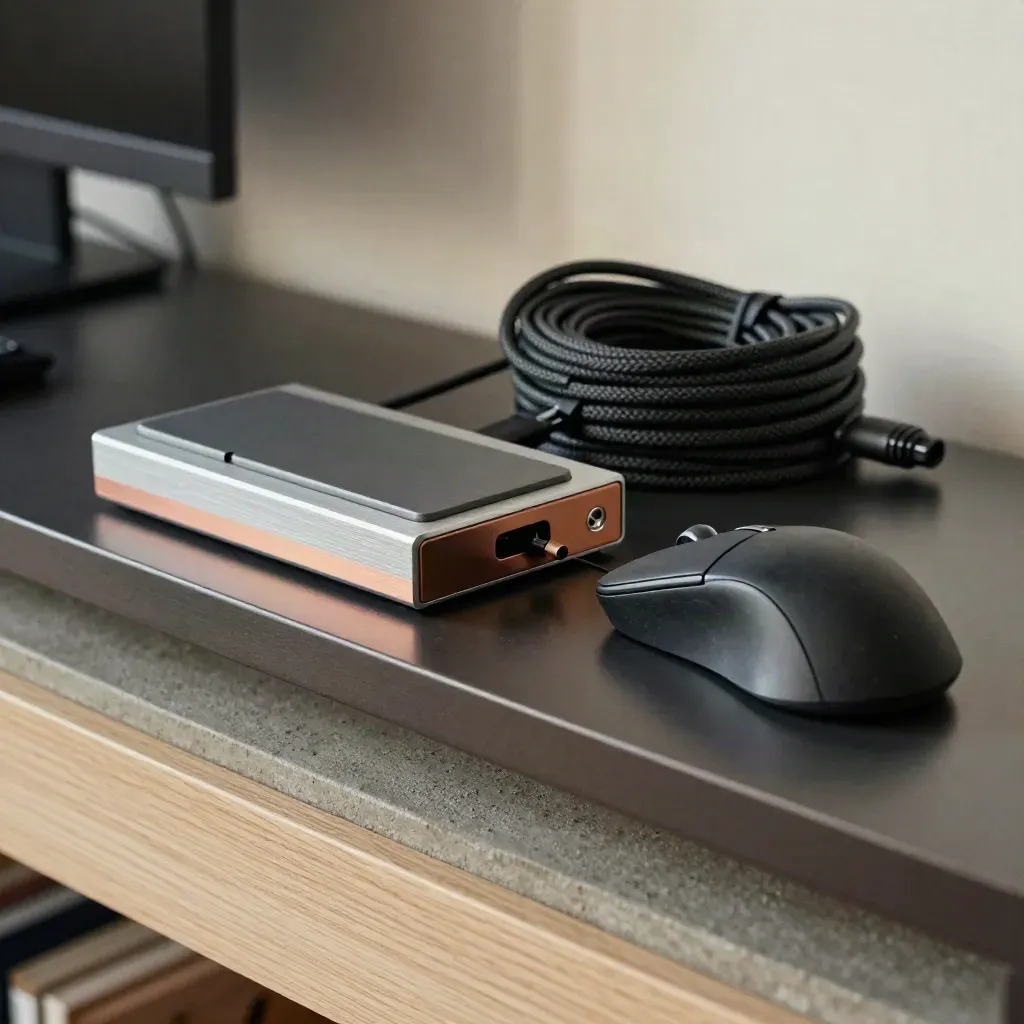 Dock, SSD sleeves, cable roll, and rugged mouse on a graphite shelf with copper accents.