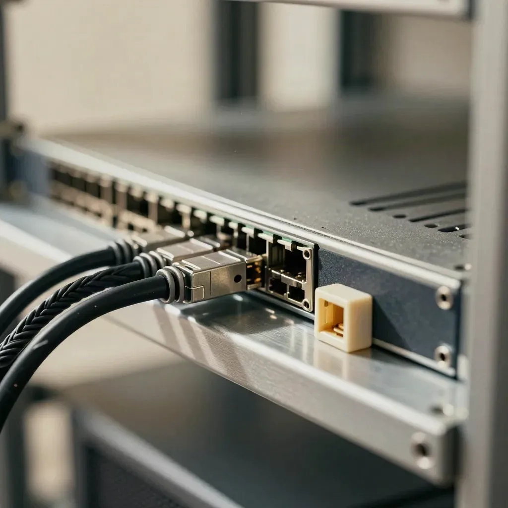 Macro of rack ears, cable comb, SFP tray and keystone jack on a slate server shelf.