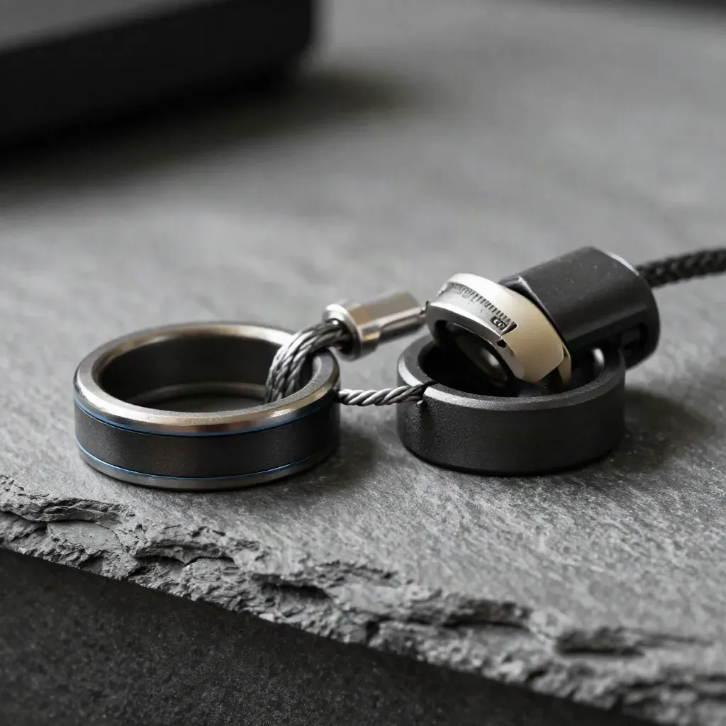 Machined rings, braided cable loop, and dock on slate stone with dramatic side light