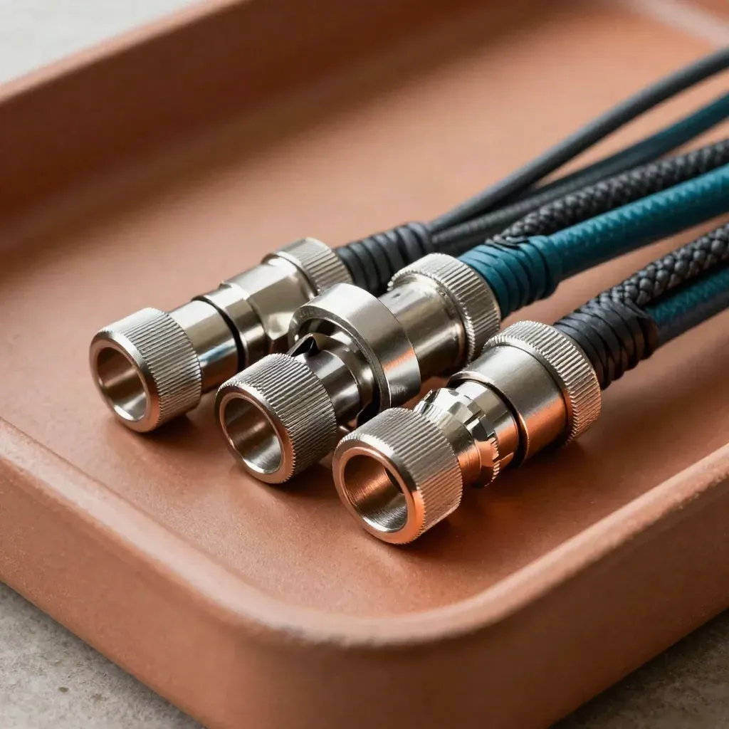 Macro cluster of cable rings and couplers on terracotta, linked in a precise chain.