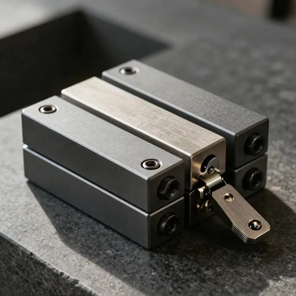 Graphite precision blocks, hex fasteners, and a milled hinge on dark stone