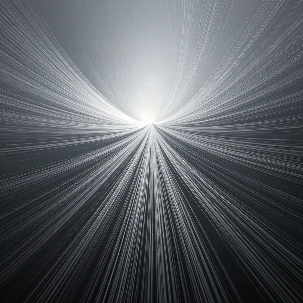 Silver filaments converging into a soft white bloom in dark haze, with open space below.