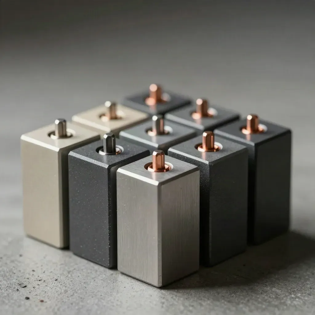 Macro of modular blocks and copper pins locking into a graphite plate on concrete.