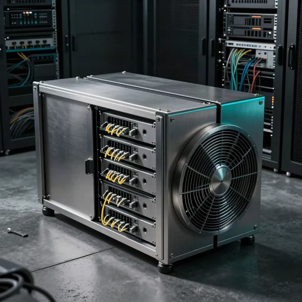 Server sleds, fiber transceivers, and a fan grille in a dim datacenter service bay with teal accents.