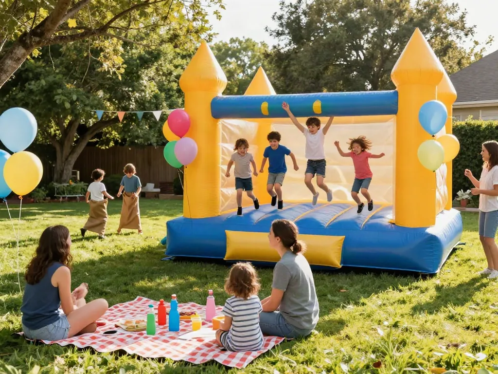 Children enjoying a bounce castle at a backyard party, surrounded by festive decorations.